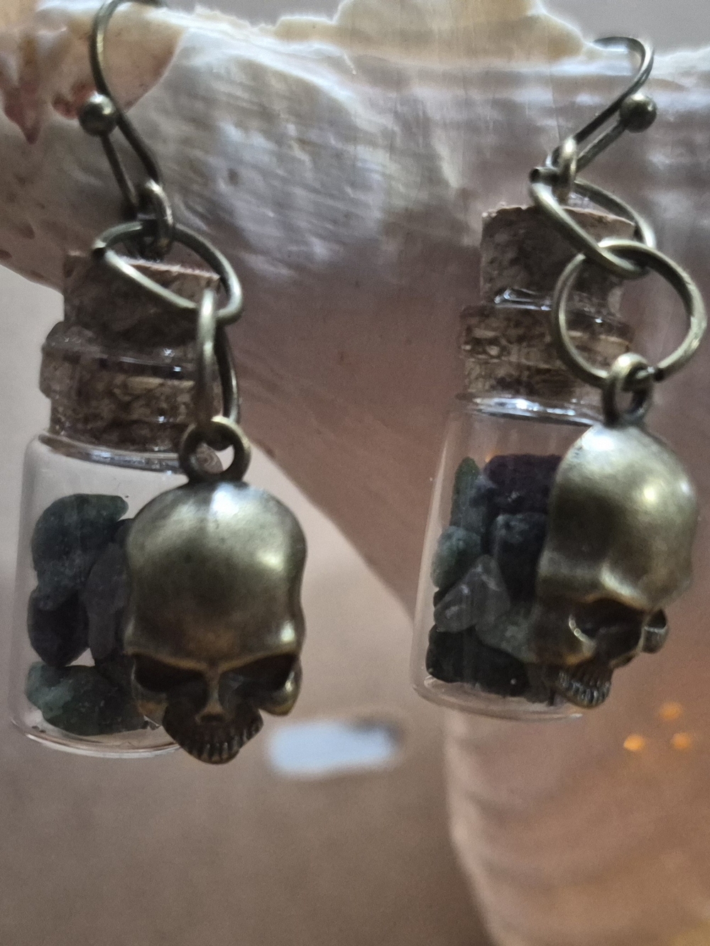 Skull & Glass Vial Dangle Earrings in Antique Brass